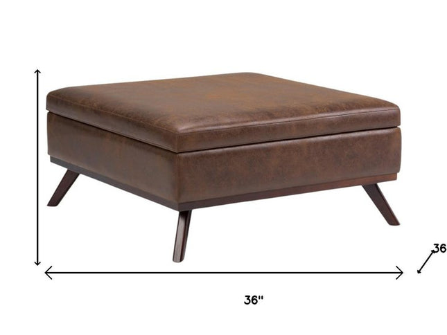 36" Brown Leather Cocktail Ottoman With Storage