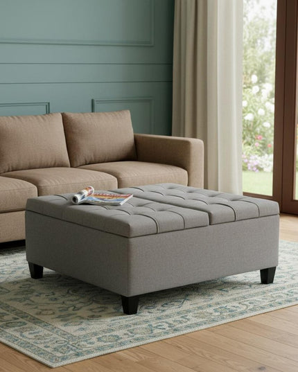 36" Gray and Espresso Fabric Cocktail Ottoman With Storage