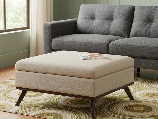 36" Natural and Brown Fabric Cocktail Ottoman With Storage