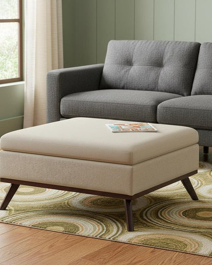 36" Natural and Brown Fabric Cocktail Ottoman With Storage