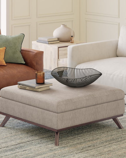 36" Natural and Brown Fabric Cocktail Ottoman With Storage