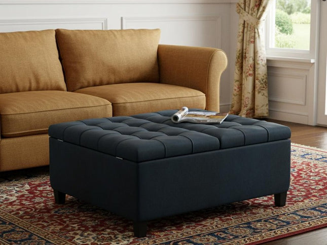 36" Blue and Espresso Leather Cocktail Ottoman With Storage