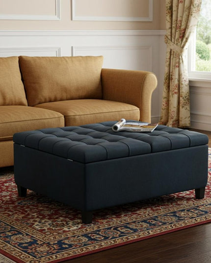 36" Blue and Espresso Leather Cocktail Ottoman With Storage