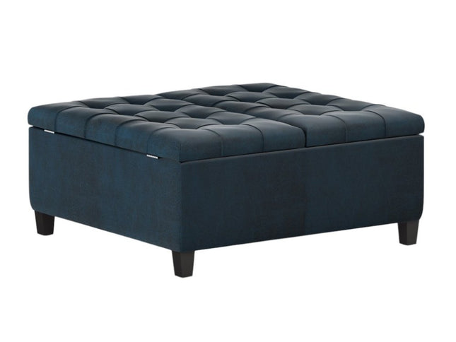 36" Blue and Espresso Leather Cocktail Ottoman With Storage