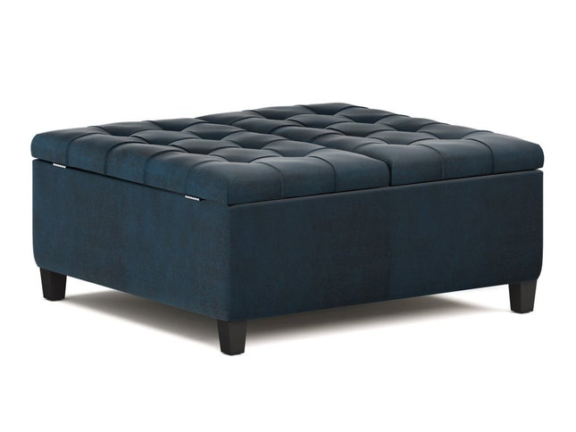 36" Blue and Espresso Leather Cocktail Ottoman With Storage