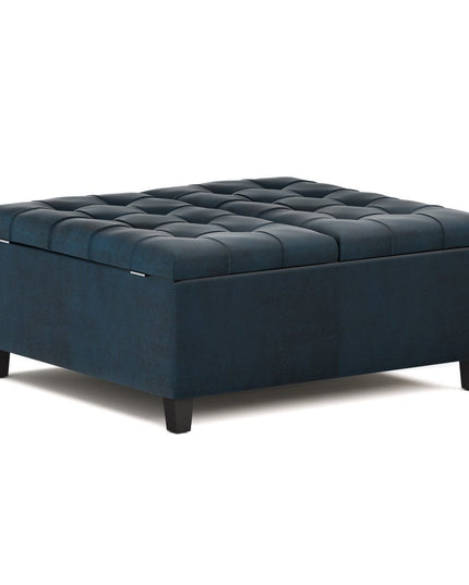 36" Blue and Espresso Leather Cocktail Ottoman With Storage