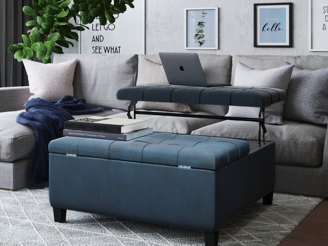 36" Blue and Espresso Leather Cocktail Ottoman With Storage