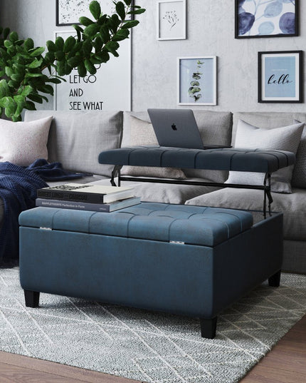 36" Blue and Espresso Leather Cocktail Ottoman With Storage