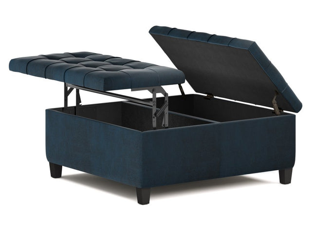 36" Blue and Espresso Leather Cocktail Ottoman With Storage