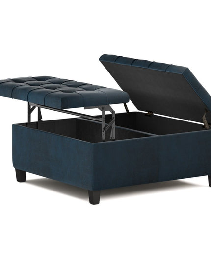 36" Blue and Espresso Leather Cocktail Ottoman With Storage