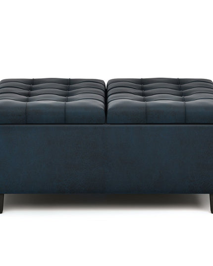 36" Blue and Espresso Leather Cocktail Ottoman With Storage