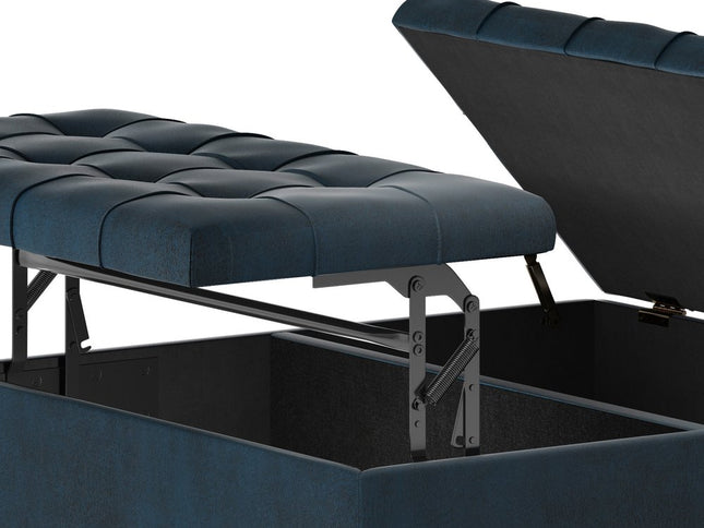 36" Blue and Espresso Leather Cocktail Ottoman With Storage