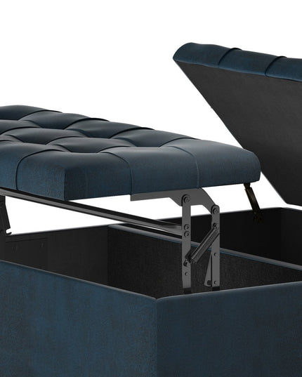 36" Blue and Espresso Leather Cocktail Ottoman With Storage