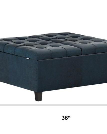 36" Blue and Espresso Leather Cocktail Ottoman With Storage
