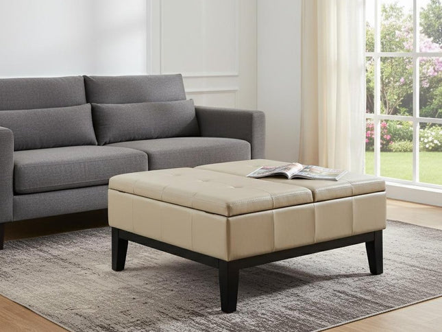 36" Cream and Dark Brown Leather Cocktail Ottoman With Storage