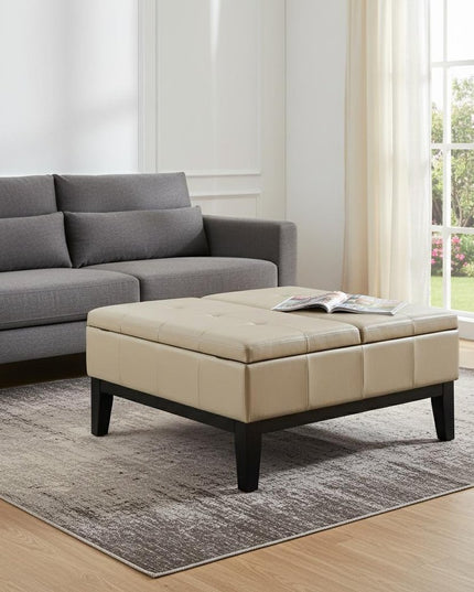 36" Cream and Dark Brown Leather Cocktail Ottoman With Storage