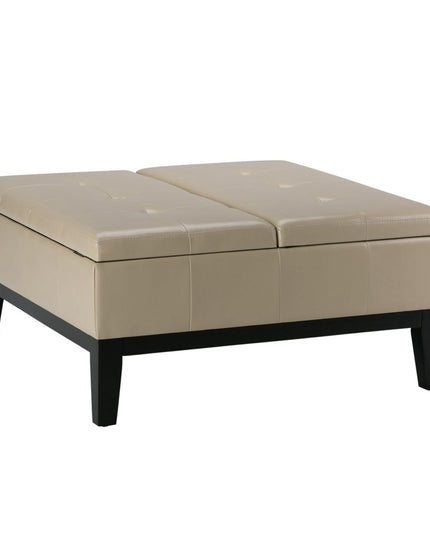 36" Cream and Dark Brown Leather Cocktail Ottoman With Storage