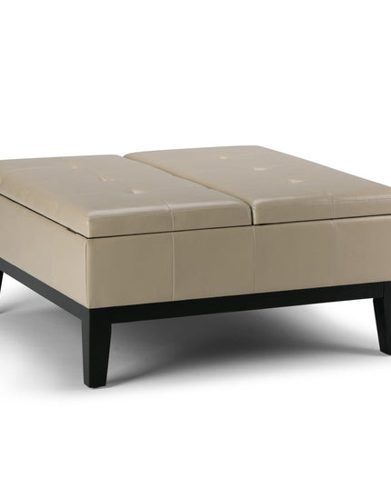 36" Cream and Dark Brown Leather Cocktail Ottoman With Storage