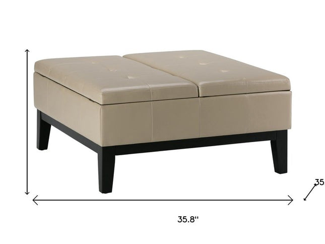 36" Cream and Dark Brown Leather Cocktail Ottoman With Storage