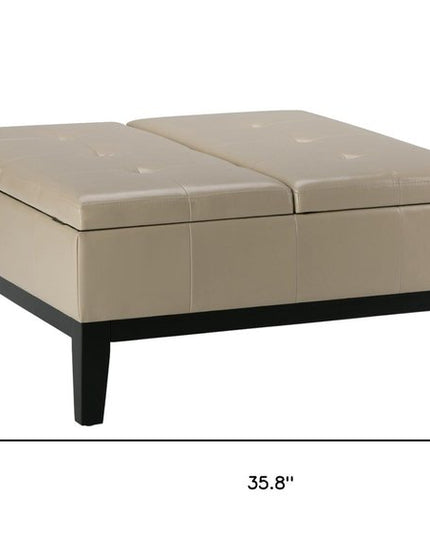 36" Cream and Dark Brown Leather Cocktail Ottoman With Storage