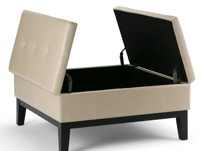 36" Cream and Dark Brown Leather Cocktail Ottoman With Storage