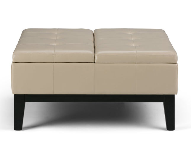 36" Cream and Dark Brown Leather Cocktail Ottoman With Storage