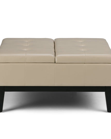 36" Cream and Dark Brown Leather Cocktail Ottoman With Storage