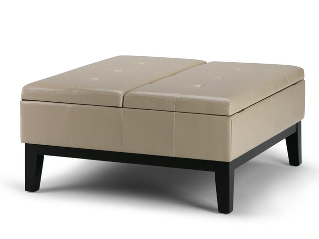 36" Cream and Dark Brown Leather Cocktail Ottoman With Storage