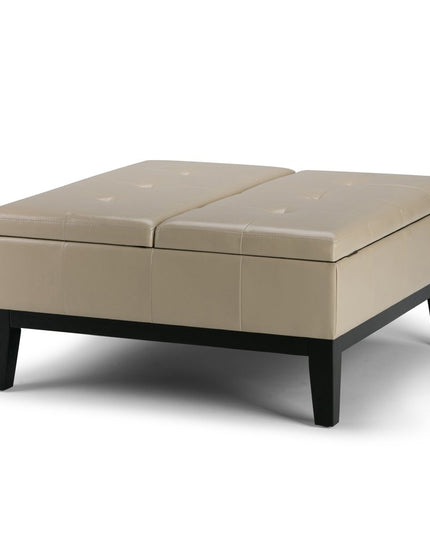 36" Cream and Dark Brown Leather Cocktail Ottoman With Storage