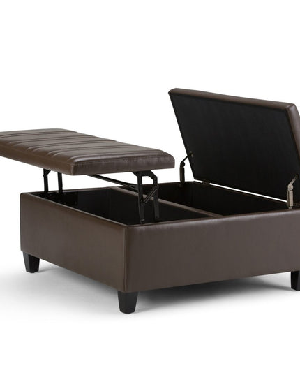 36" Brown and Espresso Leather Cocktail Ottoman With Storage