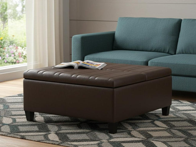 36" Brown and Espresso Leather Cocktail Ottoman With Storage