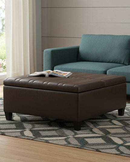 36" Brown and Espresso Leather Cocktail Ottoman With Storage