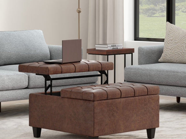 30" Brown Leather Cocktail Ottoman With Storage