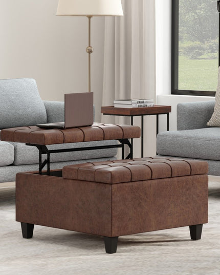 30" Brown Leather Cocktail Ottoman With Storage