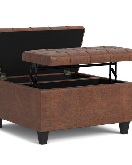 30" Brown Leather Cocktail Ottoman With Storage