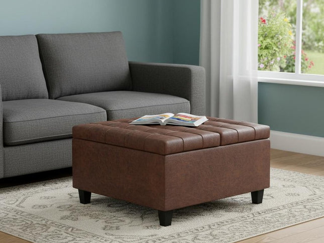 30" Brown Leather Cocktail Ottoman With Storage