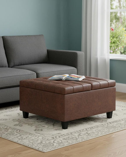 30" Brown Leather Cocktail Ottoman With Storage