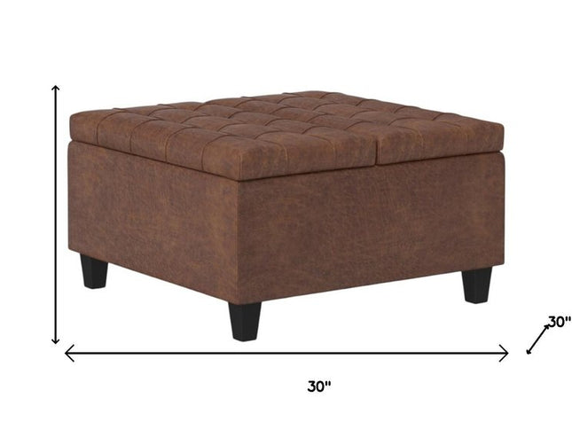 30" Brown Leather Cocktail Ottoman With Storage