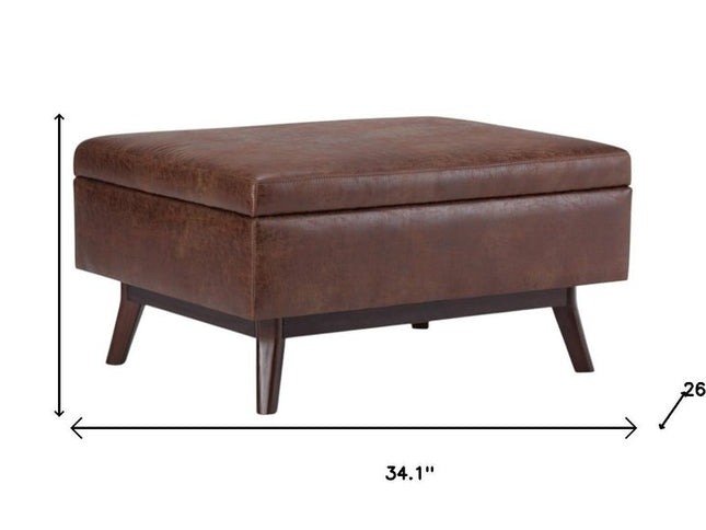 34" Brown Leather Cocktail Ottoman With Storage