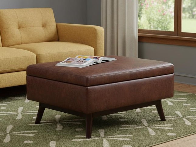 34" Brown Leather Cocktail Ottoman With Storage