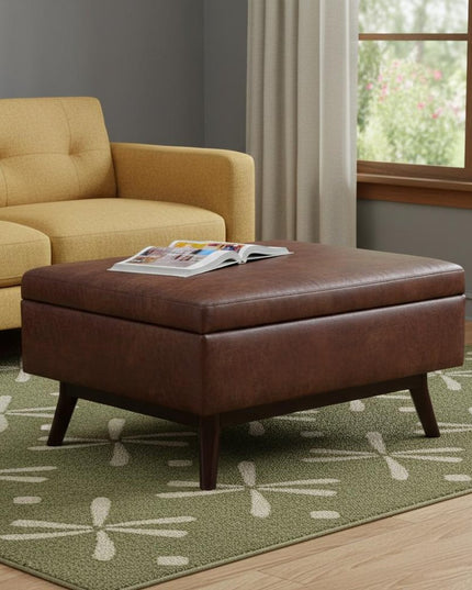 34" Brown Leather Cocktail Ottoman With Storage