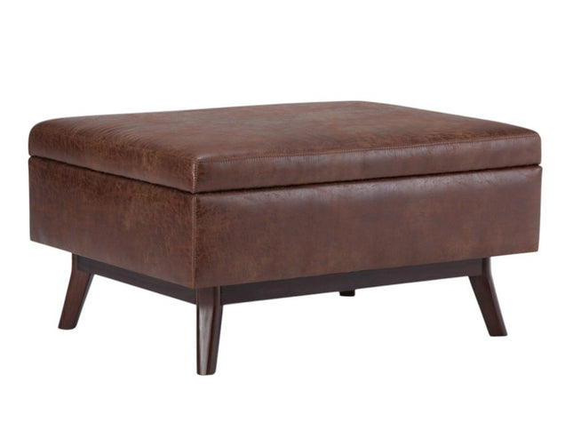 34" Brown Leather Cocktail Ottoman With Storage
