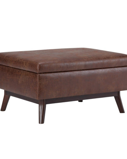 34" Brown Leather Cocktail Ottoman With Storage