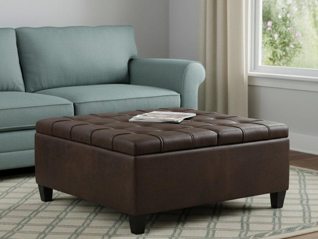 36" Brown and Espresso Leather Cocktail Ottoman With Storage