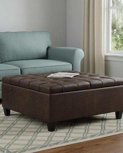 36" Brown and Espresso Leather Cocktail Ottoman With Storage
