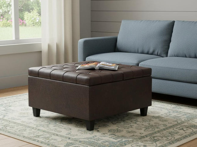 30" Brown Leather Cocktail Ottoman With Storage