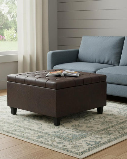 30" Brown Leather Cocktail Ottoman With Storage
