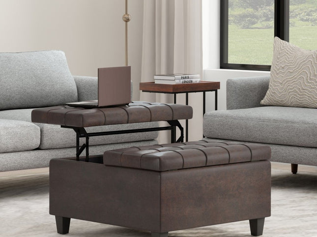 30" Brown Leather Cocktail Ottoman With Storage
