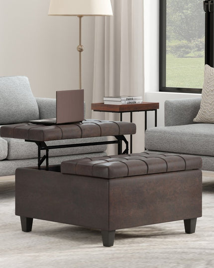 30" Brown Leather Cocktail Ottoman With Storage