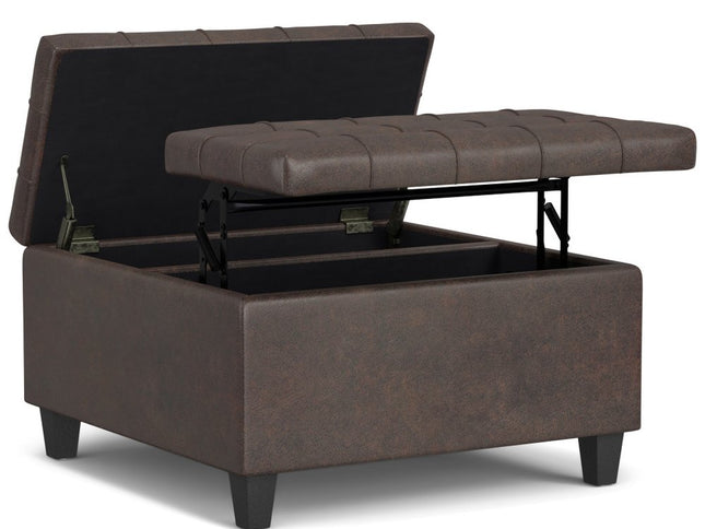 30" Brown Leather Cocktail Ottoman With Storage